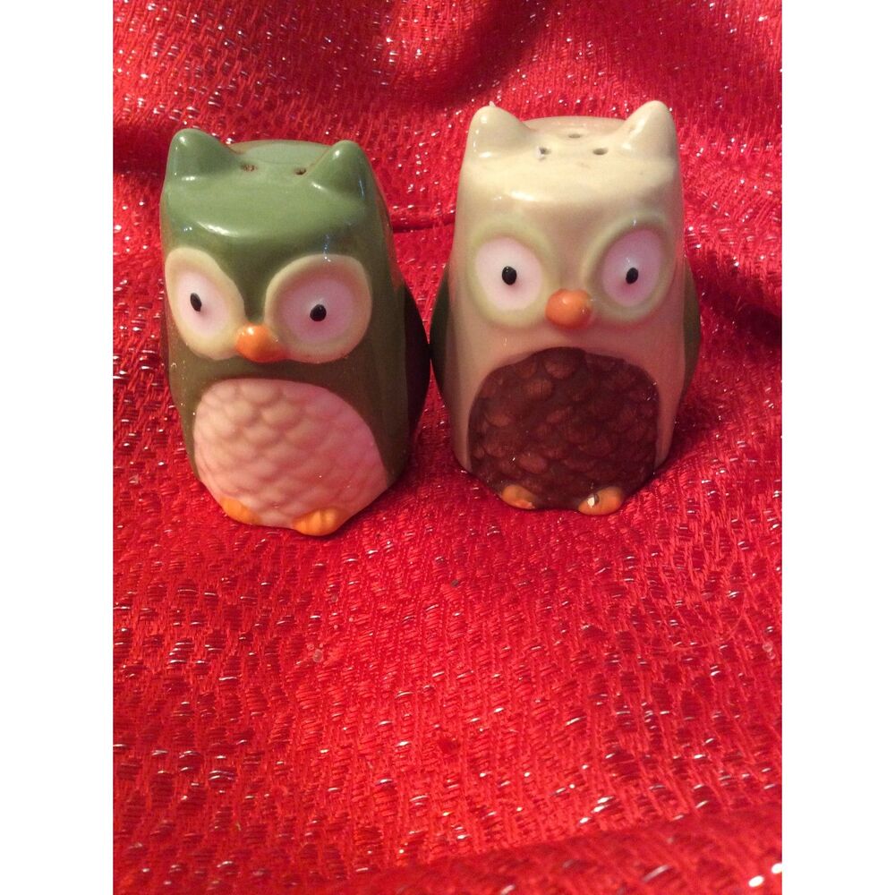 Owl Salt Pepper Set Tan Avocado Green Owls